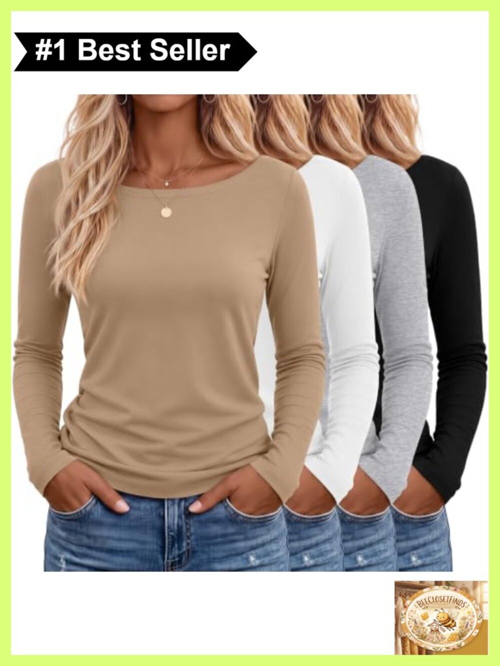 Women's 4 Pack Long Sleeve Boat Neck Basic T-Shirts Casual Tops